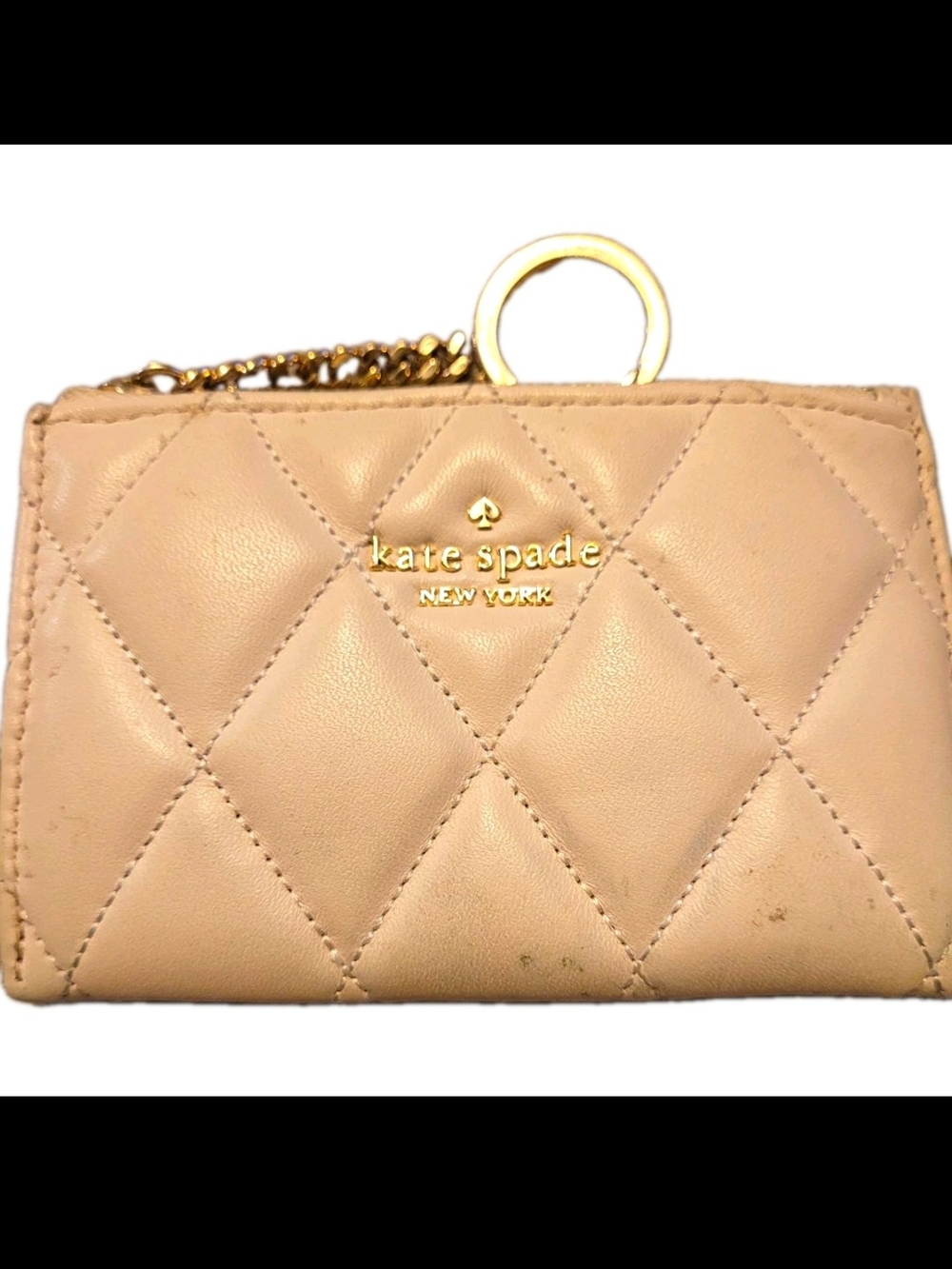 Kate Spade New York Beige Quilted Card Holder Zip Wallet Keychain Gold Logo